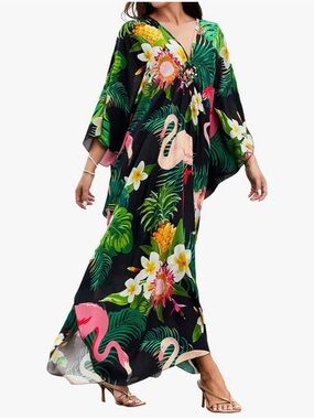 Tropical Flamingo Black Maxi Kaftan Dress
